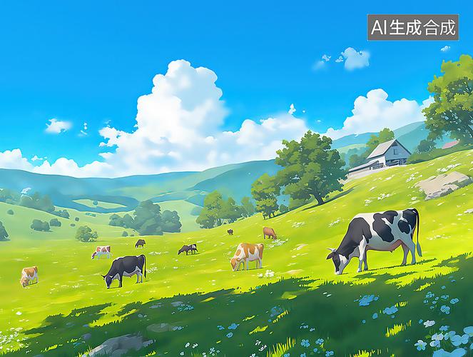 ai数字艺术草原高山下的奶牛写实插画图片素材